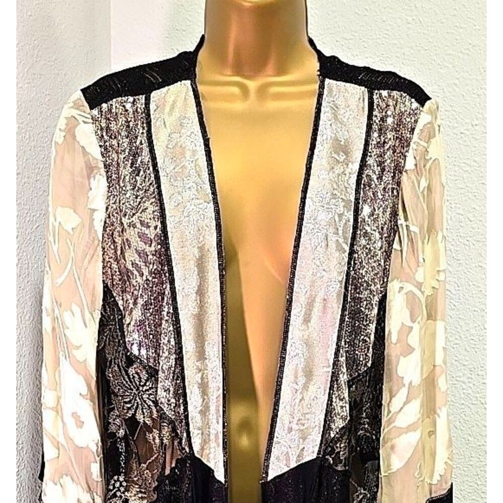 Vtg Violet Kay Silk Blend Kimono Jacket Med Floral Lace Burnout Sequin Boho USA